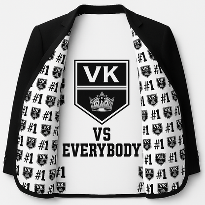 Black blazer with white shirt featuring VK logo and 'VS EVERYBODY' text on a white background